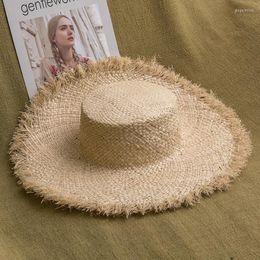 Brede rand hoeden zomer handgemaakte natuurlijke raffia vrouwen platte bovenste stro hoed strand dame vakantie panama zonbescherming hatwide