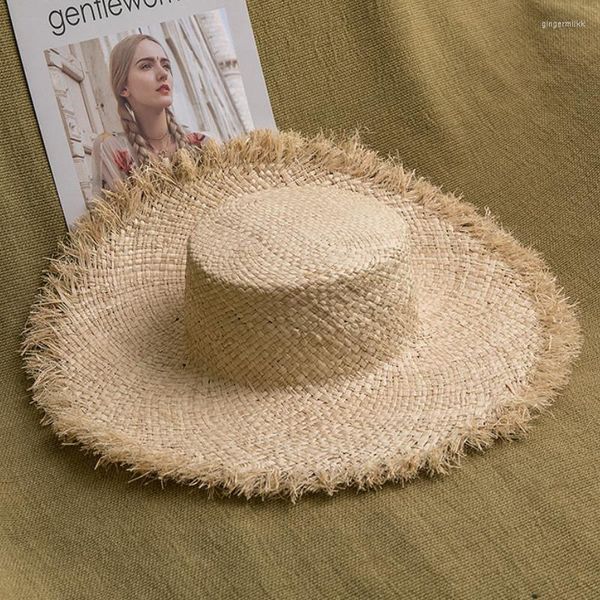 Chapeaux à large bord été fait à la main raphia naturel femmes haut plat chapeau de paille plage dame vacances Panama Protection solaire HatWide