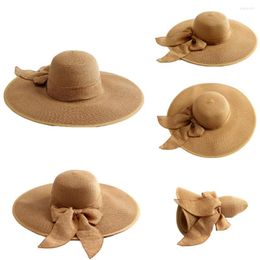 Brede rand hoeden zomer hoed geweldig inkeerbaar zoete boog zon cap lichtgewicht strand vouwen lint bowknot rietje voor buiten