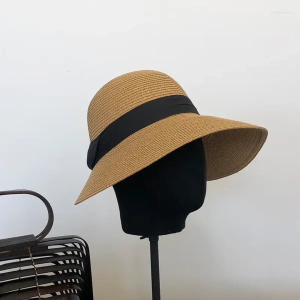 Chapeaux à large bord Chapeau d'été Femmes Plage Trilby Grand Jazz Sun Panama Papier Paille Hommes Cap avec ruban noir