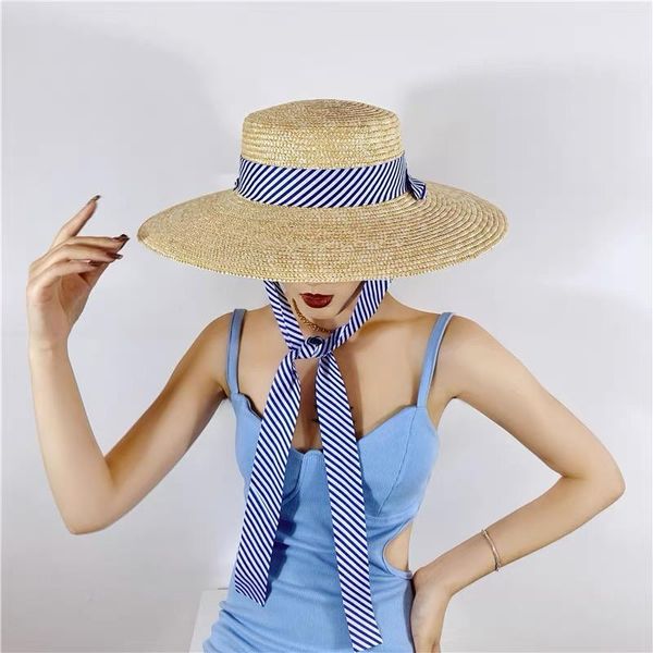 Sombreros de ala ancha para vacaciones de verano, parte superior plana hecha a mano de paja para mujer, sombrero de fieltro con patrón de cinta de rayas azules, sombrero informal de ocio, sombrero femenino