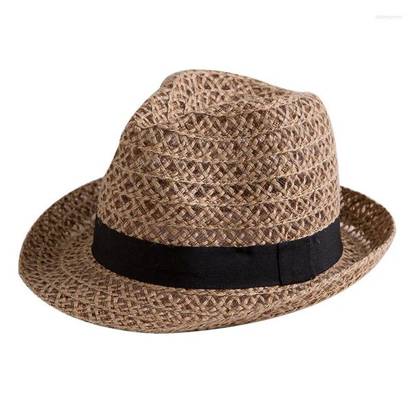 Chapeaux à large bord été paille creuse tissée femme chapeau d'ombrage de soleil plage bord roulé hommes melon jazz décontracté en plein air
