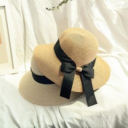 Brede rand hoeden zomer dames bowknot lint zonbescherming hoed stro vrouwen casual strand floppy panama caps
