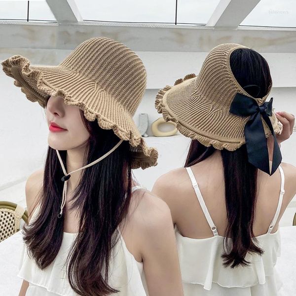 Sombreros de ala ancha de verano para mujer, sombrero de cubo con protección solar, lazo plegable de punto, transpirable, para vacaciones al aire libre, gorras con visera para la playa para mujer