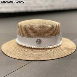 Wide Brim Hats Summer Ladies Sun Sun Girl Straw Pearl Plat Cap Shade Anti-Uv Page Panama Femens Fedora Sombrero Chapeuwide