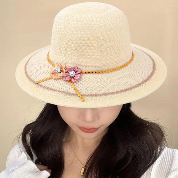 Sombreros de borde anchos Summer Lady Hat Gaund Fake Flower Decor Sun Protección ligera de peso ligero Playa de vacaciones al aire libre