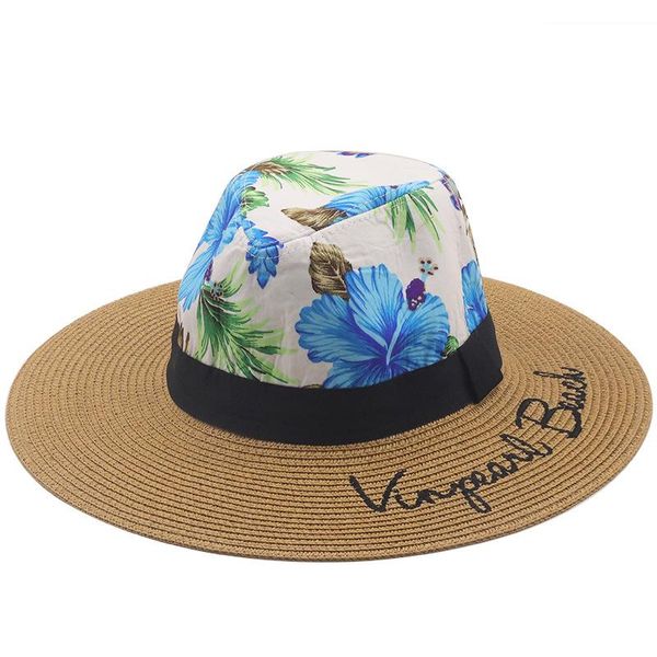 Sombreros de ala ancha Letra de verano Sombrero bordado Panamá Paja Masculina y femenina Impreso para mujer Sun Beach UPF50 Plegable