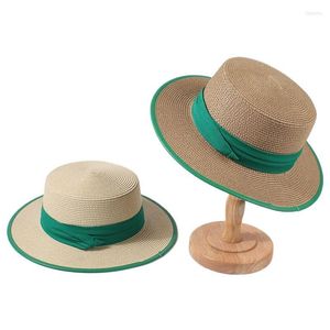 Chapeaux à large bord été extérieur vert chapeau de paille pour les femmes femme ruban plat Protection solaire casquettes voyage