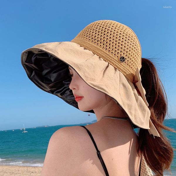 Sombreros de ala ancha, gorra Panamá de verano, sombrero protector solar para mujer, sombrero de playa para exteriores para mujer, visera de viaje de pescador de goma negra para el sol