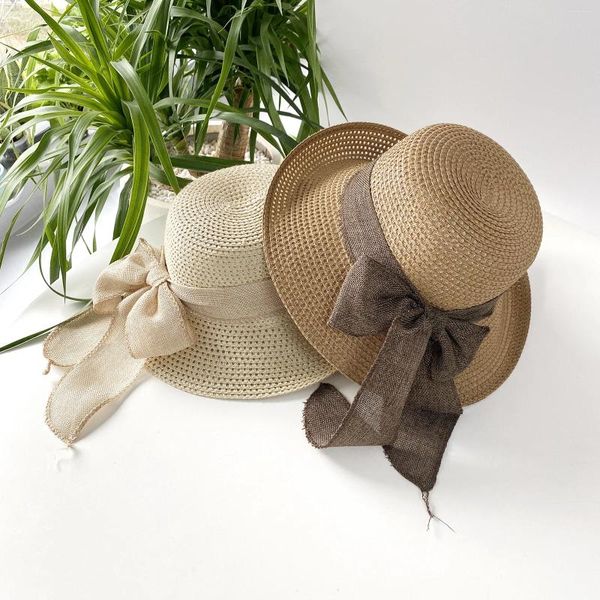 Sombreros de ala ancha Sombrero de paja de verano para la decoración de las mujeres Protección UV Gorra de sol Femenina Moda Rolled Edge Bow Ribbon Beach Travel