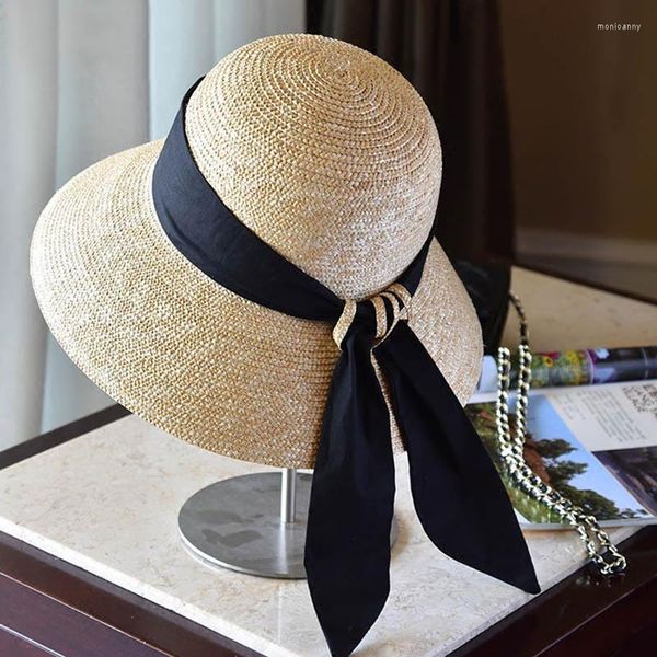 Sombreros de ala ancha Sombrero de paja de verano Mujeres UPF50 Sun Black Ribbon Knot Ladies Bucket Outdoor Beach Cap