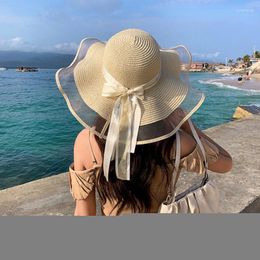 Chapeaux à large bord chapeau de soleil d'été pour femmes pliable grande paille filles avec nœud papillon Protection ombrage casquettes de plage