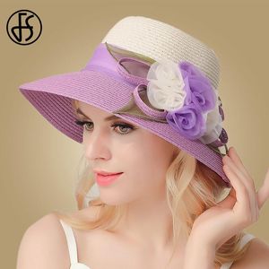 Chapeaux à large bord été soleil femmes dames fleur élégant chapeau de paille pliable haut rond Panama disquette plage rose