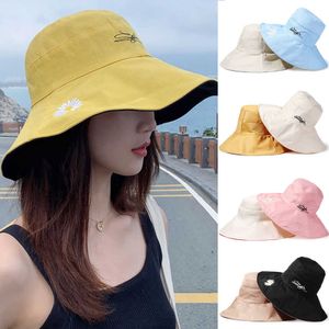 Chapeaux à large bord Été à large bord avec corde à vent Portable Pliable Double Face Seau Chapeau Soleil Chapeau Beh Cap Marguerites Pêcheur Cap P230327