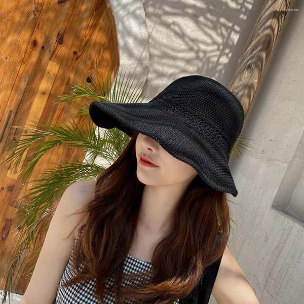 Grands chapeaux de bord d'été Femme Crochet Soleil Visor Sunfmade Suncreen Paille Capure de paille vide Top Bowknot