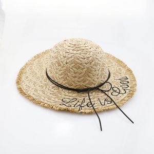 Chapeaux à large bord été femmes enfants lettres broderie chapeau de soleil en paille avec garniture de ruban casquette de plage Protection UV raphia chapeaux larges