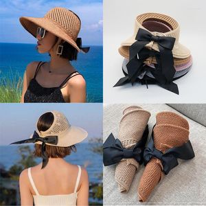 Chapeaux à large bord Summer Femmes Vide Top Hat Bowknot Paille pour dames Pliable Beach Sunscreen Cap