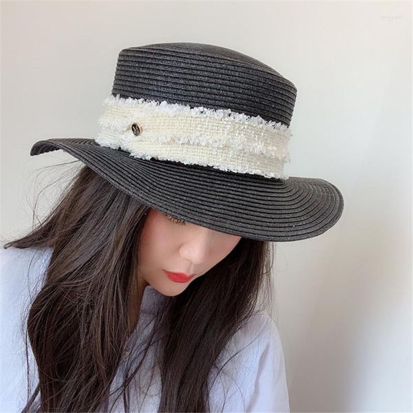 Chapeaux à large bord été femmes chapeau de paille soleil crème solaire Protection casquettes plat dentelle Bolwer dames filles M lettre lin blanc