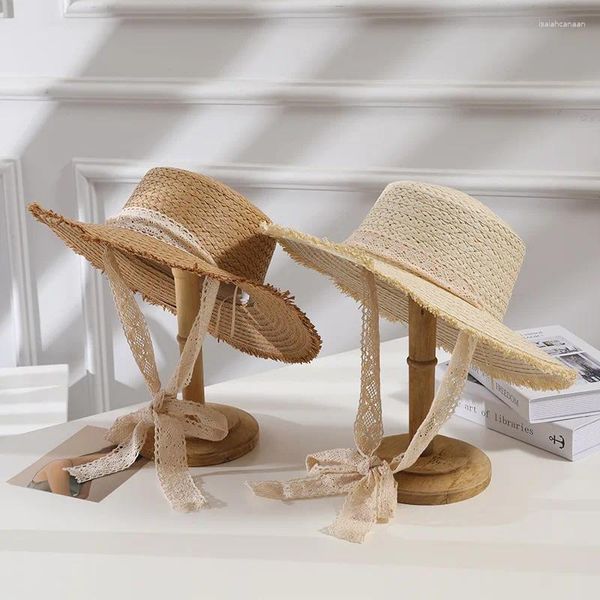 Sombreros de borde anchos Summer Mujeres Sol Hands hechas de paja tejida con cintas de encaje