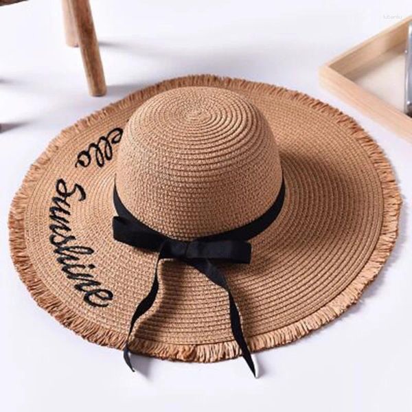 Sombreros de ala ancha para el sol para mujer, tejido hecho a mano, bordado de letras, cinta negra con cordones, sombrero de paja grande, gorras de verano para playa al aire libre
