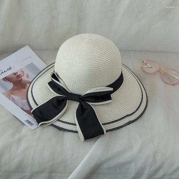 Sombreros de borde anchos Sol Gat Big Black Bow Summer para mujeres Playa paja paja Panamá Visor Femme 2024