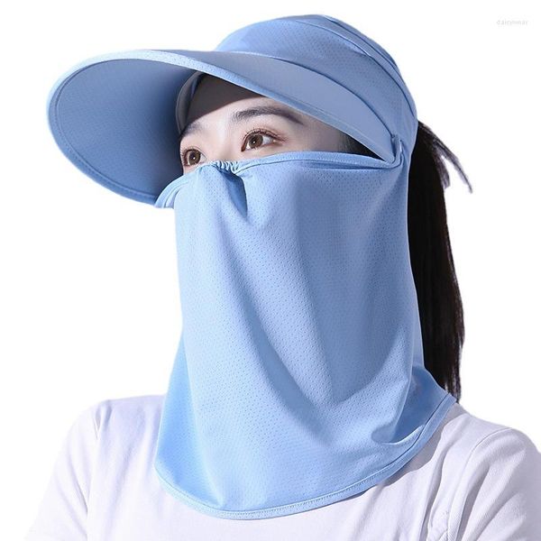 Chapeaux à large bord Chapeau de soleil Soie Femme Été Creux Top Protection et UV Grand Masque Intégré Femmes Bleu