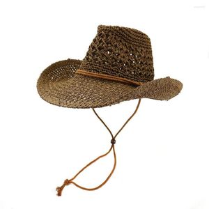 Chapeaux à bord large du chapeau de soleil Femmes Summer Cowboy Panama Straw Beach String Breathable Outdoor Cap accessoire pour Lady