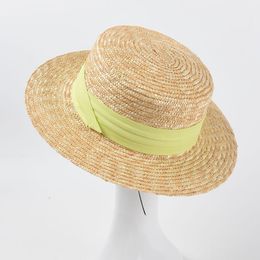 Brede rand hoeden zon natuurlijke tarwebootboot top hoed vrouwen zomer strand platte dop lint voor vakantie sombreros de so so