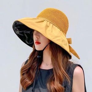 Chapeaux à bord large sunhat fille d'été protection du soleil seau chapeau arc conception de femelle noire gomme ultraviolette à grands avantages couvrant le visage