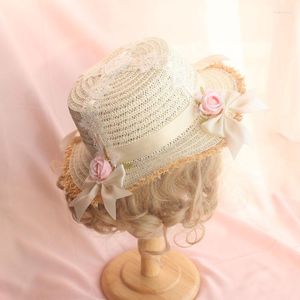 Brede rand hoeden zoete lolita meisje handgemaakte rozenstro hoed platte zon kanten bogen trim mori schattig