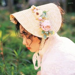 Brede rand hoeden zoete lolita kanten bloem lint zonneschad straw hoed Japanse vrouwen meisjes pastorale stijl plat weven
