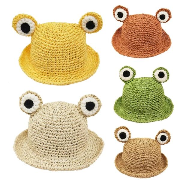 Sombreros de ala ancha para niños pequeños, sombrero de sol de verano tejido a mano de paja, lindos ojos de rana de dibujos animados, protector solar, gorra de pescador de playa plegable