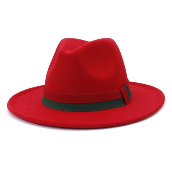 Les chapeaux à bord large tendance crème laine en feutre Fedora avec un groupe de ruban patchwork vintage Men de mode Jazz Cap Femmes Panama Party Wedding Hat2443