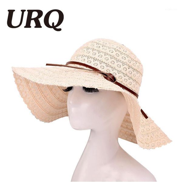 Sombreros de ala ancha URQ Sol de verano para las mujeres de encaje de algodón suave gran diseño de moda sombrero de playa plegable paja de ala ZZ40691