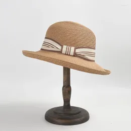 Brede rand hoeden USPOP 2024 Women Sun Hat met gestreepte lint Bow Beach Summer Casual Wear Chic Roll-Edge