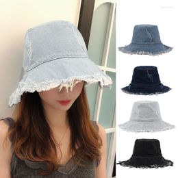 Chapeaux à larges bords Vintage Denim Bucket Hat Femmes Lavé Coton Pêcheur Pompon Grand Bassin De Loisirs Simple Tout-Match Casquette De Voyage Cadeau Elob22