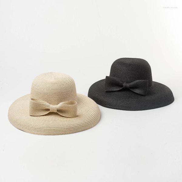 Chapeaux à large bord Vintage Dôme Droped Eaves Bowknot Paper Straw Top Hat Sun Protection Stage Show Forme concave