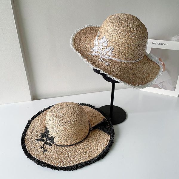 Sombreros de ala ancha Vintage bordado a mano sombrero de paja de rafia mujer verano cúpula grande sombrilla sol negro blanco viaje vacaciones gorras de playa