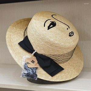 Sombreros de ala ancha, sombrero de paja natural con lazo de encaje a la moda de verano Vintage para mujer, sombrero de lujo de moda para mujer de diseñador coreano