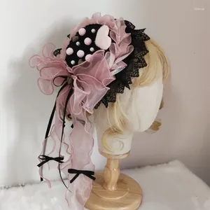 Hoeden met brede rand Vintage Victoriaanse hoofdtooi Platte hoed Ruche Kant Lolita Stro met kinband Elegant lint Bloem Zon