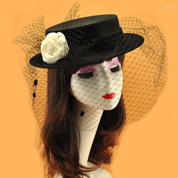 Chapeaux à bord large Vintage Wedding Black Birdcage Veil Camellia White Camellia ACCESSOIRES POUR BRIDAL ELLEGANT COMPENS 2023