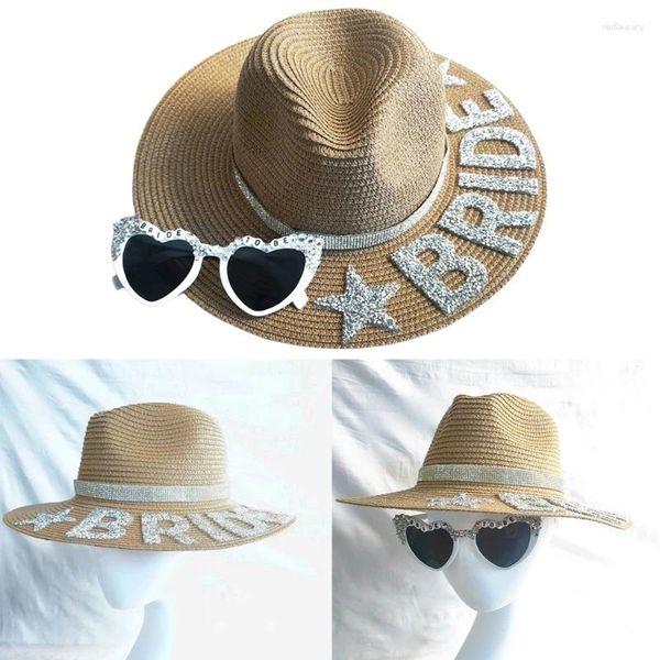 Sombreros de ala ancha Gafas de sol de la boda para la luna de miel Suministros para fiestas de soltera Decoraciones de compromiso Ducha de novia