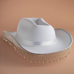 Brede rand hoeden witte diamant Fringe bruid Cowgirl hoed mevrouw Cowboy bruidsmeisje cadeau bruids zomer land westerse HatWide240S