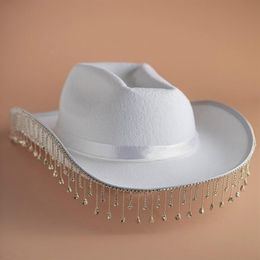 Brede rand hoeden witte diamant Fringe bruid Cowgirl hoed mevrouw Cowboy bruidsmeisje cadeau bruids zomer land westerse HatWide250y