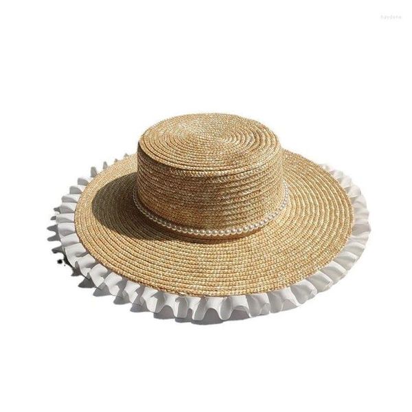 Chapeaux à large bord en gros chapeau de paille de dentelle pour femmes ruban de perles dames plage mode habiller réglable été pare-soleil casquettes