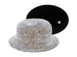 Brede rand hoeden winter vrouwen bling strass bucket hoed eenvoudig vilt panama met volledige diamant verstelbare jazz hele6672665