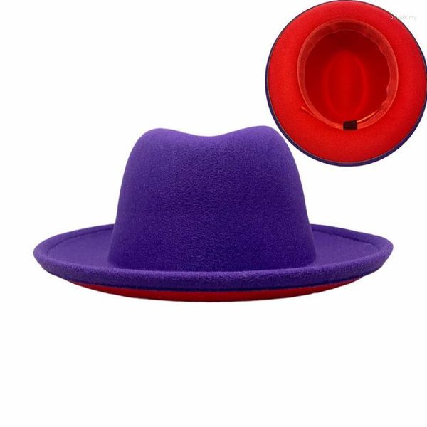 Sombreros de ala ancha invierno mujer púrpura rojo Patchwork lana prensada Jazz Fedora Panamá Trilby gorra tendencia jugador sombrero al por mayor Oliv22