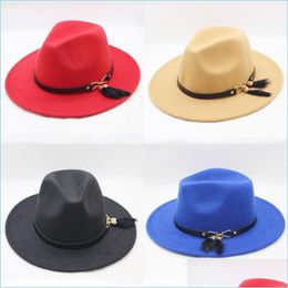 Sombreros de ala ancha Mujer Aleros planos Sombrero formal Gran borde Versátil Pluma Paño de lana Sombreros de jazz Cinturón Decoración Fedora Cap Factory Dire Dhprl