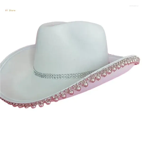 Sombreros de ala ancha Mujer Sombrero Blanco Rosa Elegante Vaquera Novia Boda Fiesta A prueba de sol