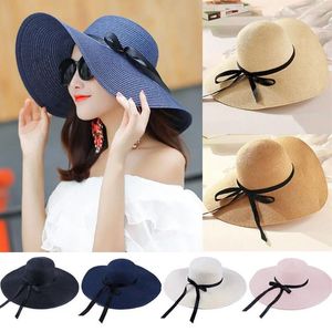 Brede rand hoeden vrouwen strandzon vizier grote floppy stro hoed mode zomer boog cap casual